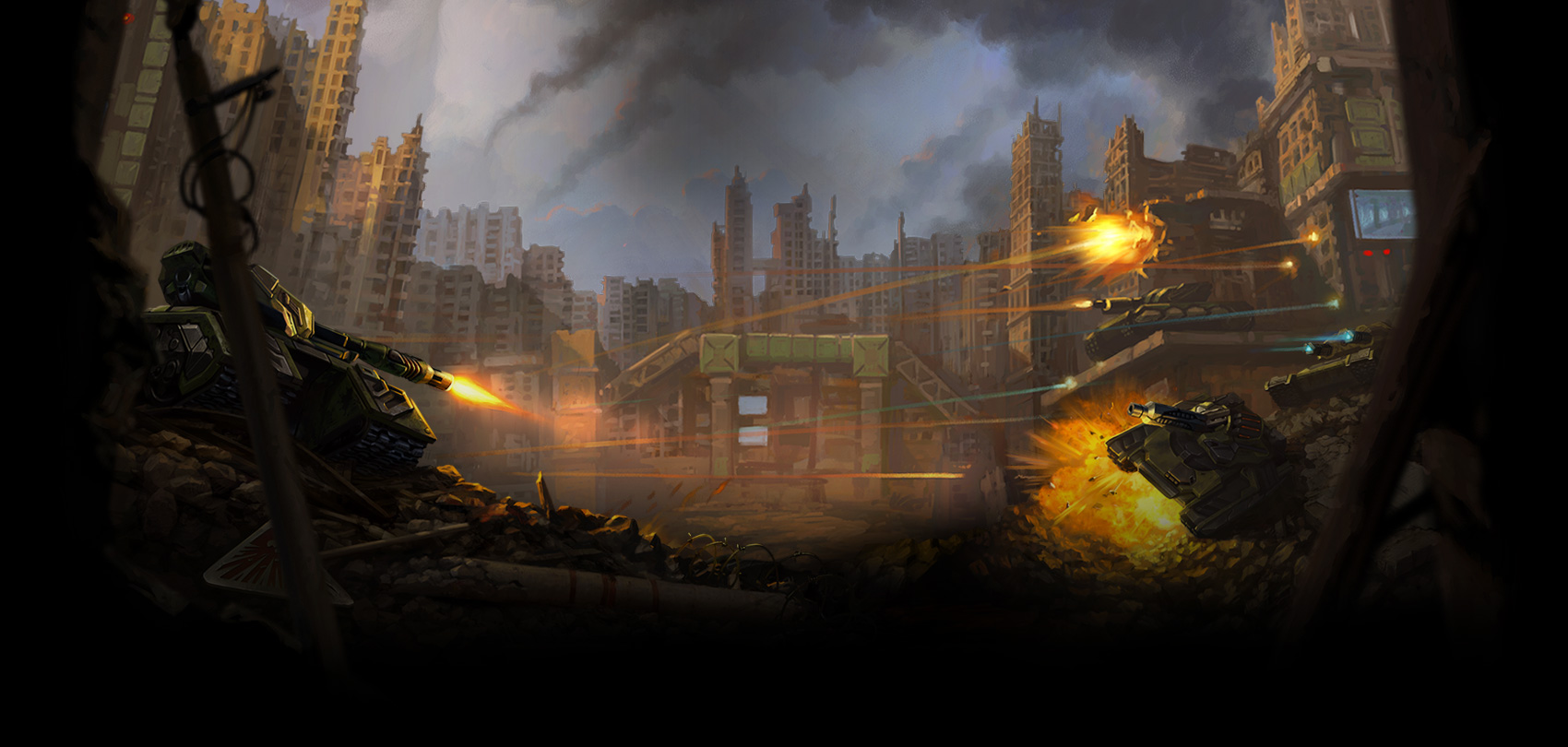 Tanks trading fire across a ruined city